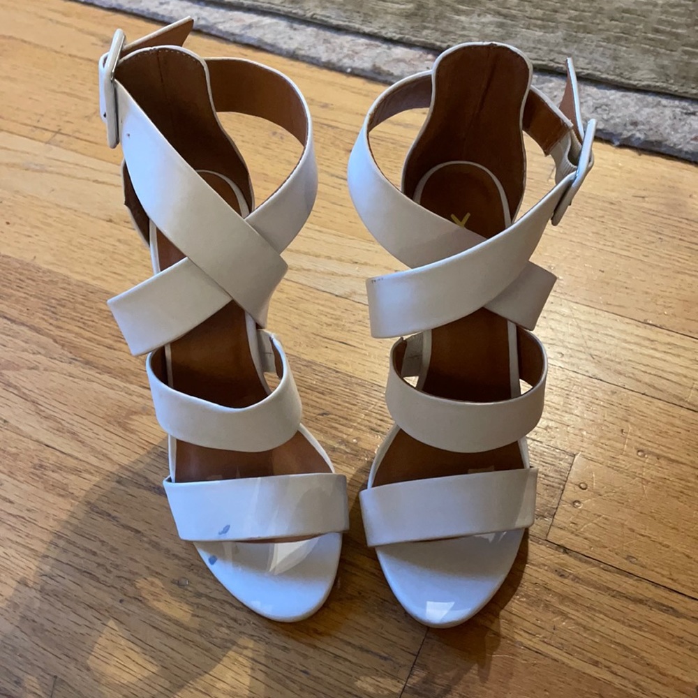 Worn once - white strap shoes 6.5, small blue stain on toe strap
